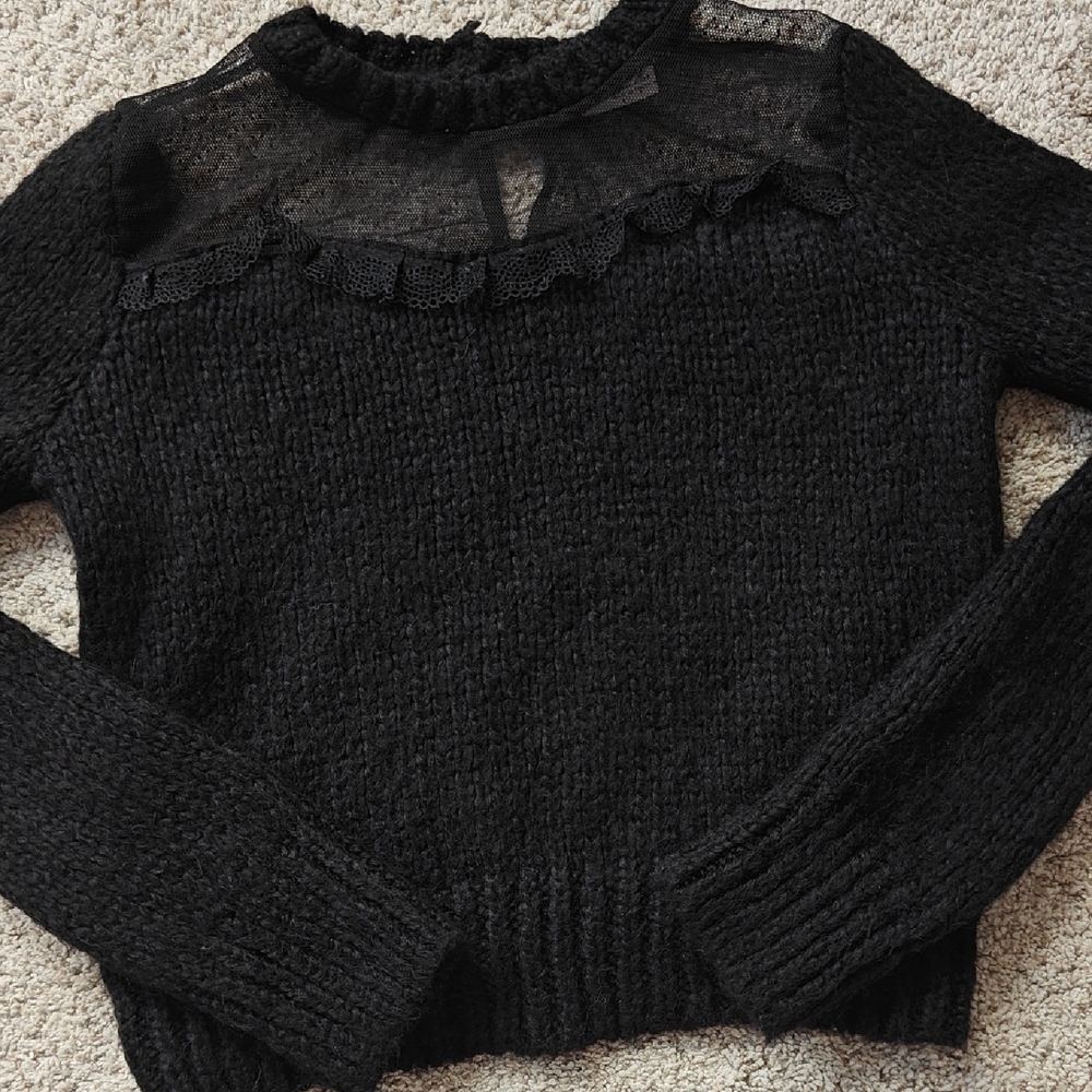 Zara Women's Black Knit Sweater with Sheer Lace Detail